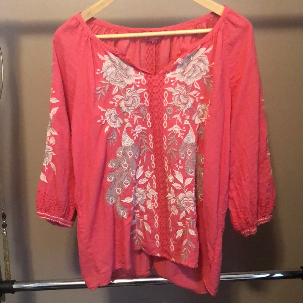 Johnny Was Coral Peacock Embroidered Blouse